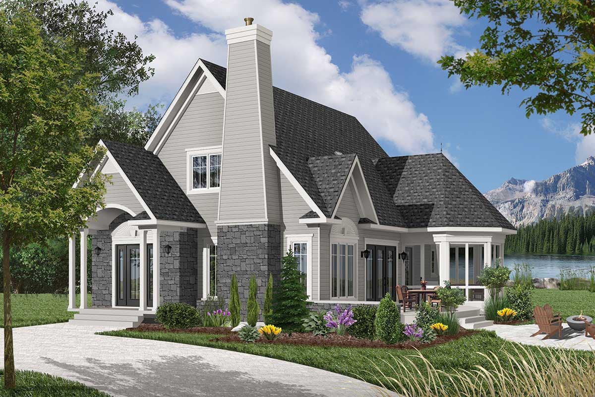 House plan exterior: Modern Farmhouse style, two stories, with stone foundation, gabled dormers, and covered entryway.