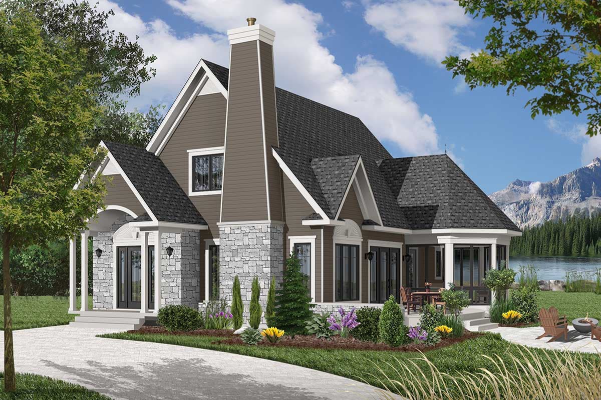 House plan exterior: A two-story home with stone accents, a prominent chimney, multiple gables, and a covered porch with columns.