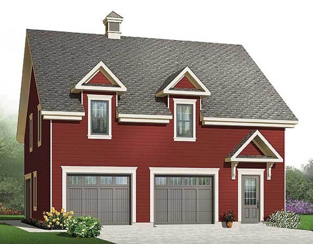 House plan exterior featuring a red two-story design with two garage doors, dormers, and a cupola.
