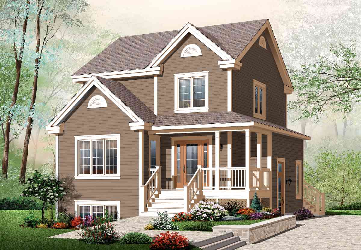 House plan exterior of a two-story home with a covered front porch, multiple gables, and a segmented arch gable vent.