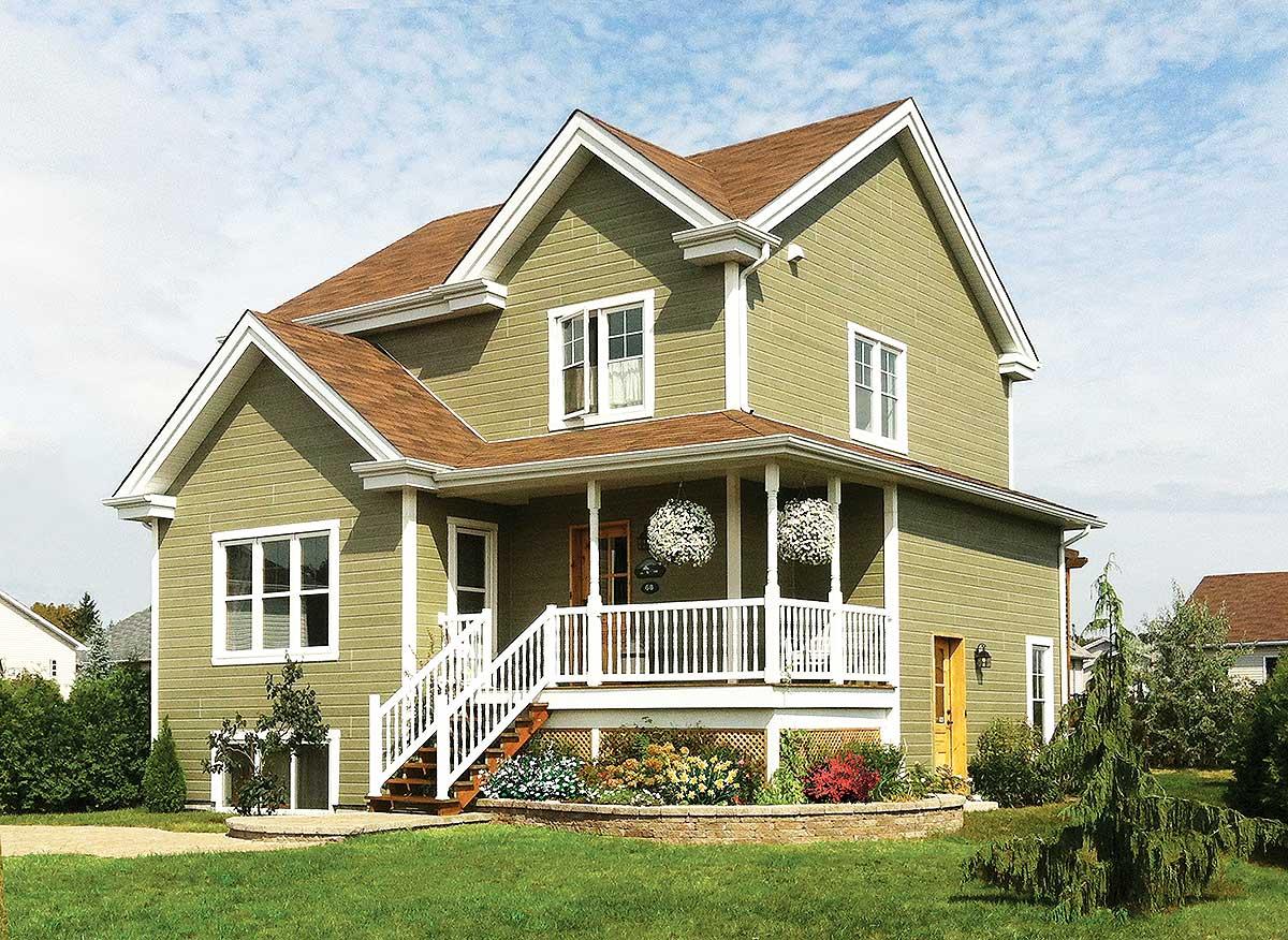 House plan exterior: Two-story home with front-facing gable, covered porch with white railing, and prominent side-facing gable.