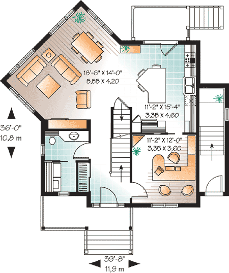 Plan 21695DR: Angled Family Room & Home Office - Floor Plan - Main Level - Traditional