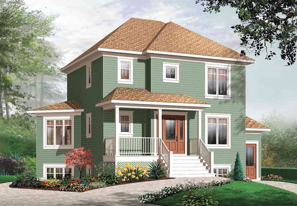 House plan exterior of a two-story home with a covered front porch, prominent gables, and multiple dormers.