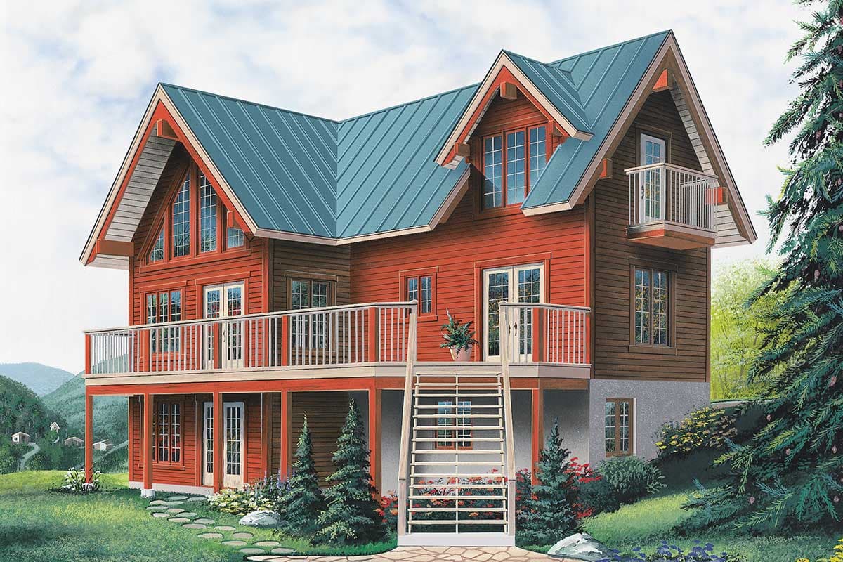 House plan exterior: Three-story lodge-style home with intersecting gables, large front deck, and upper balcony.