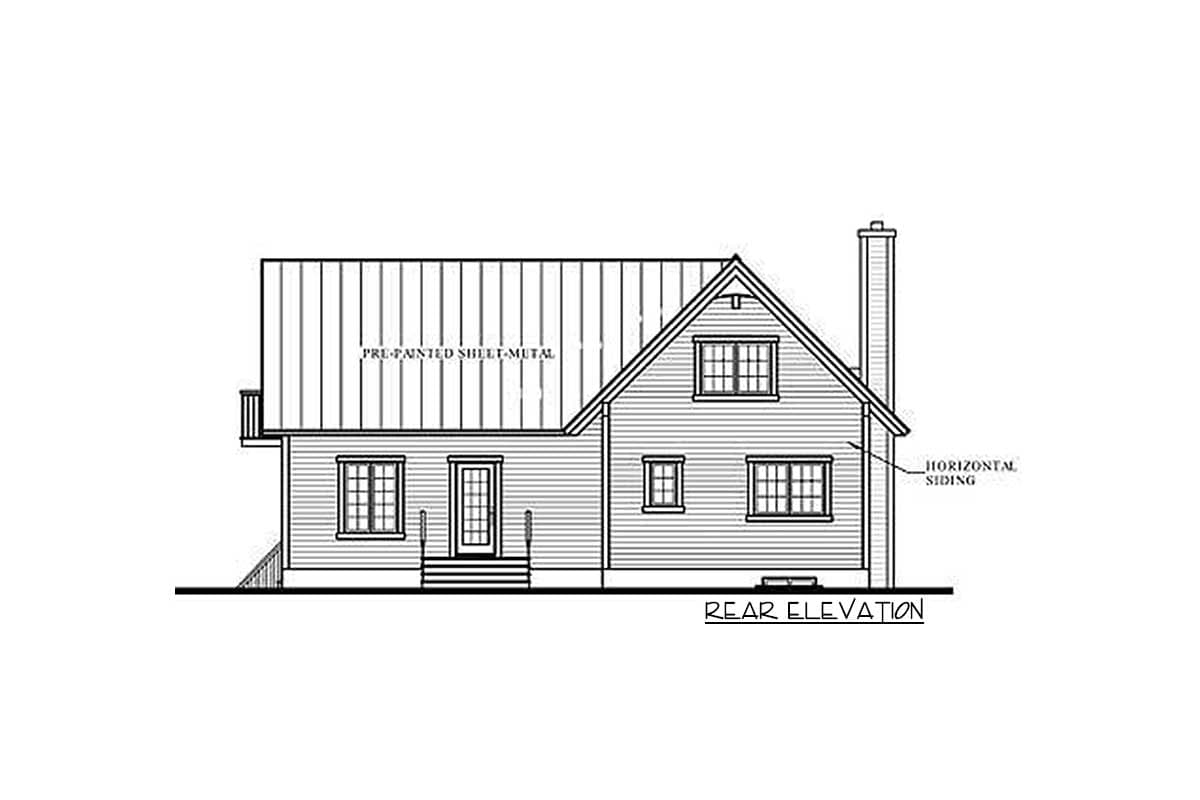 Rear elevation drawing of a two-story house with horizontal siding, a gable roof, and a dormer.