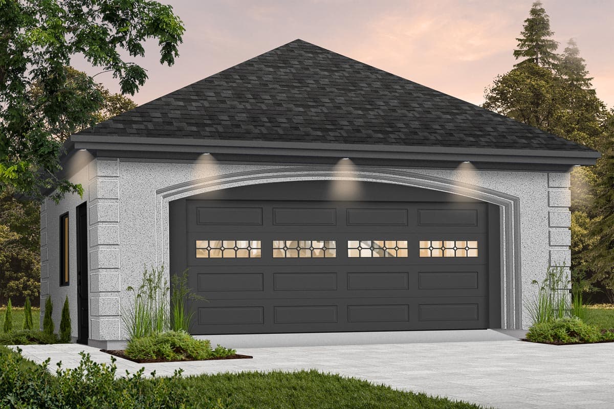 House plan exterior of a garage with a gray carriage-style door featuring decorative windows, gray stucco siding, and a hipped roof.