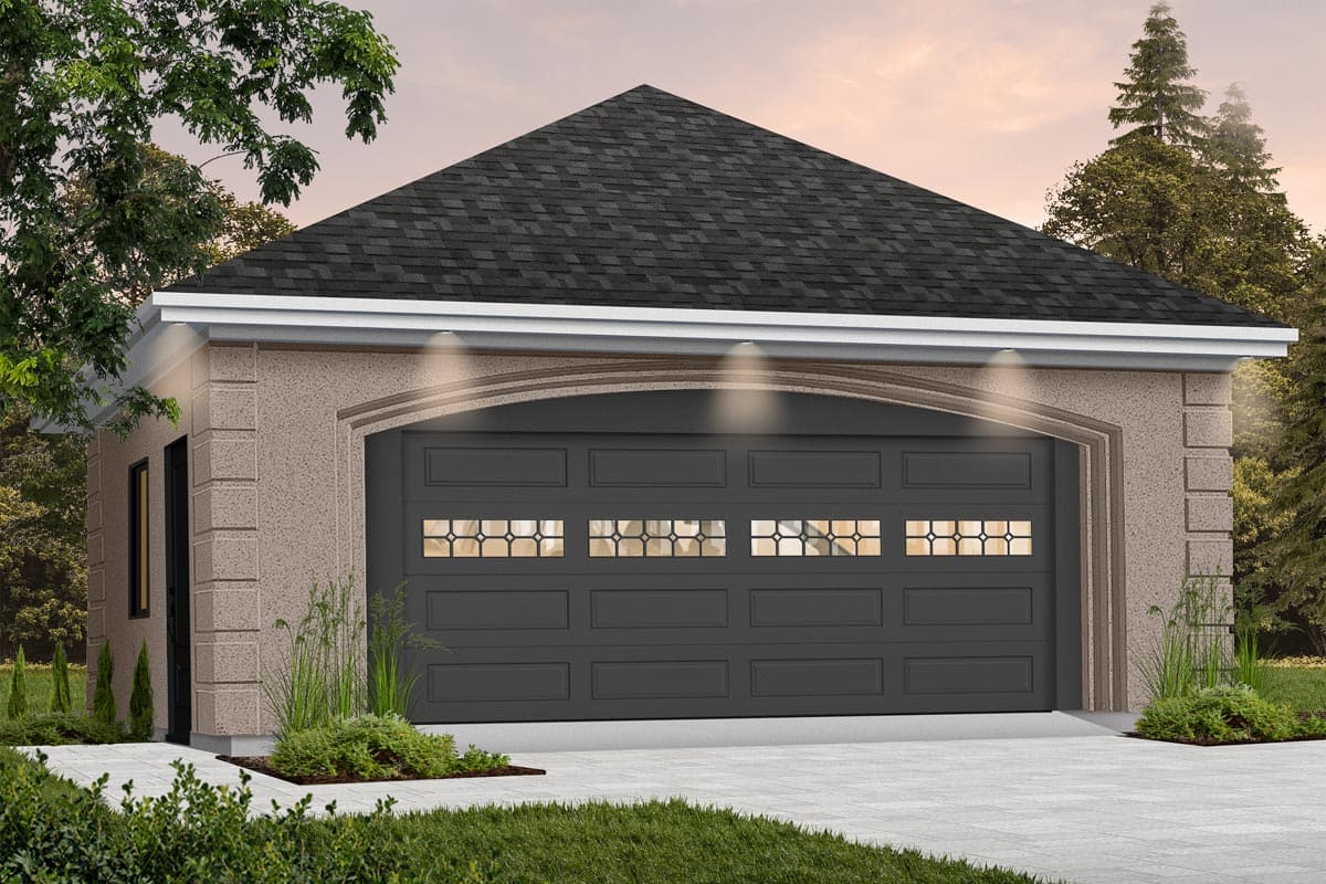 Garage plan exterior with a gable roof, stone siding, and a dark gray overhead door featuring decorative glass panes.