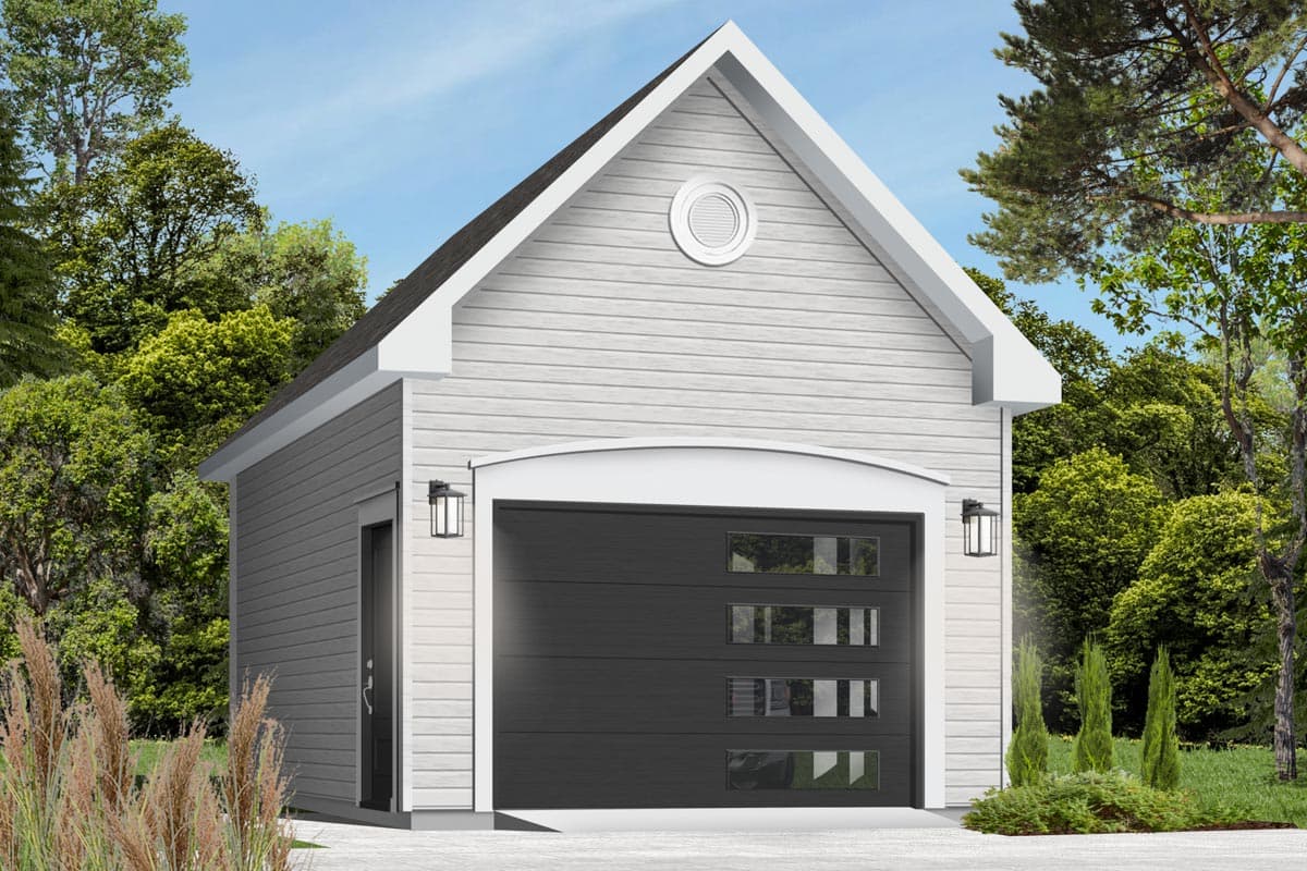 House plan exterior. One-story structure with gable roof. Includes a garage door with glass panel windows and an arched accent above the garage door.