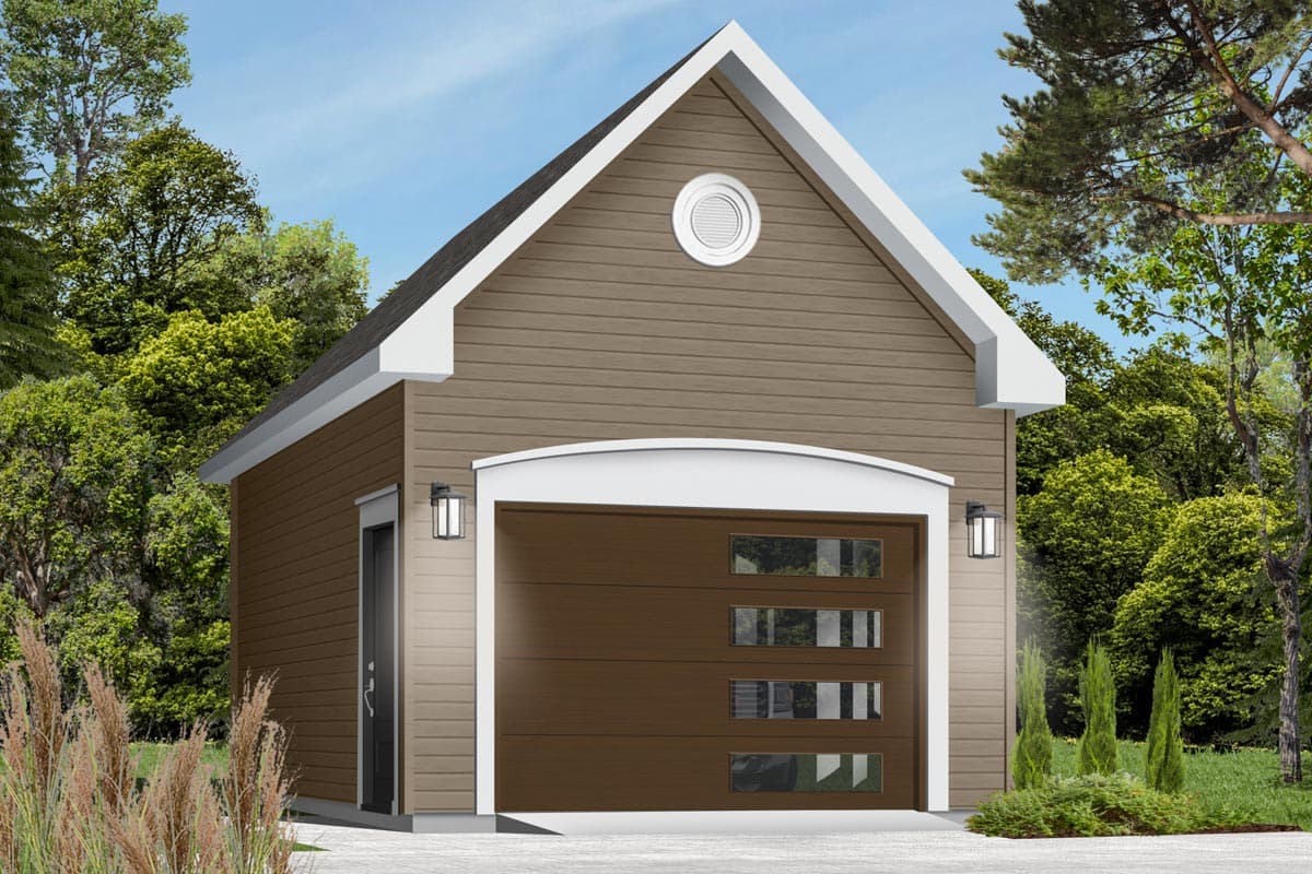 House plan exterior: One-story structure with a single garage door featuring horizontal windows, side door, and a circular gable vent.