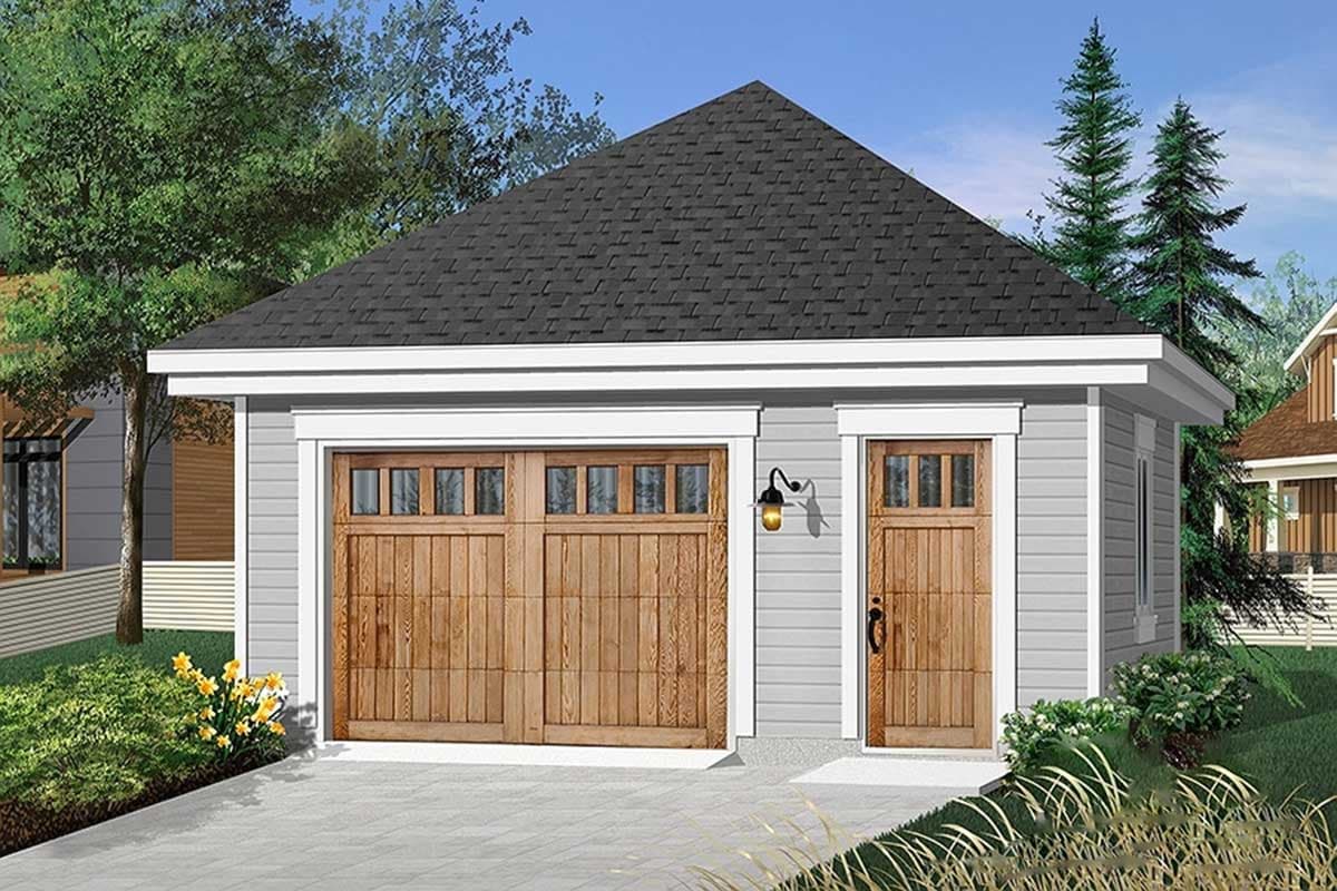 House plan exterior: Two-car garage with paneled wooden doors, a single entry door, and a prominent gable roof.