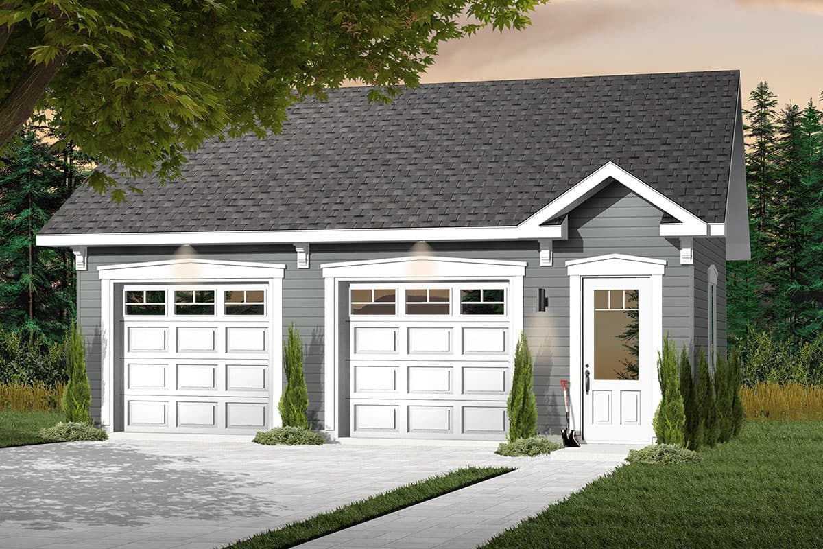 House plan exterior: Two-car garage with a side entrance, white garage doors with multi-pane windows, and peaked dormer detail.