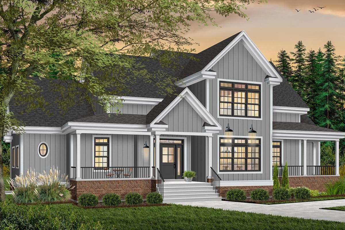 House plan exterior: Modern Farmhouse style, two stories, with a wraparound porch, gables, and a centered front entrance.