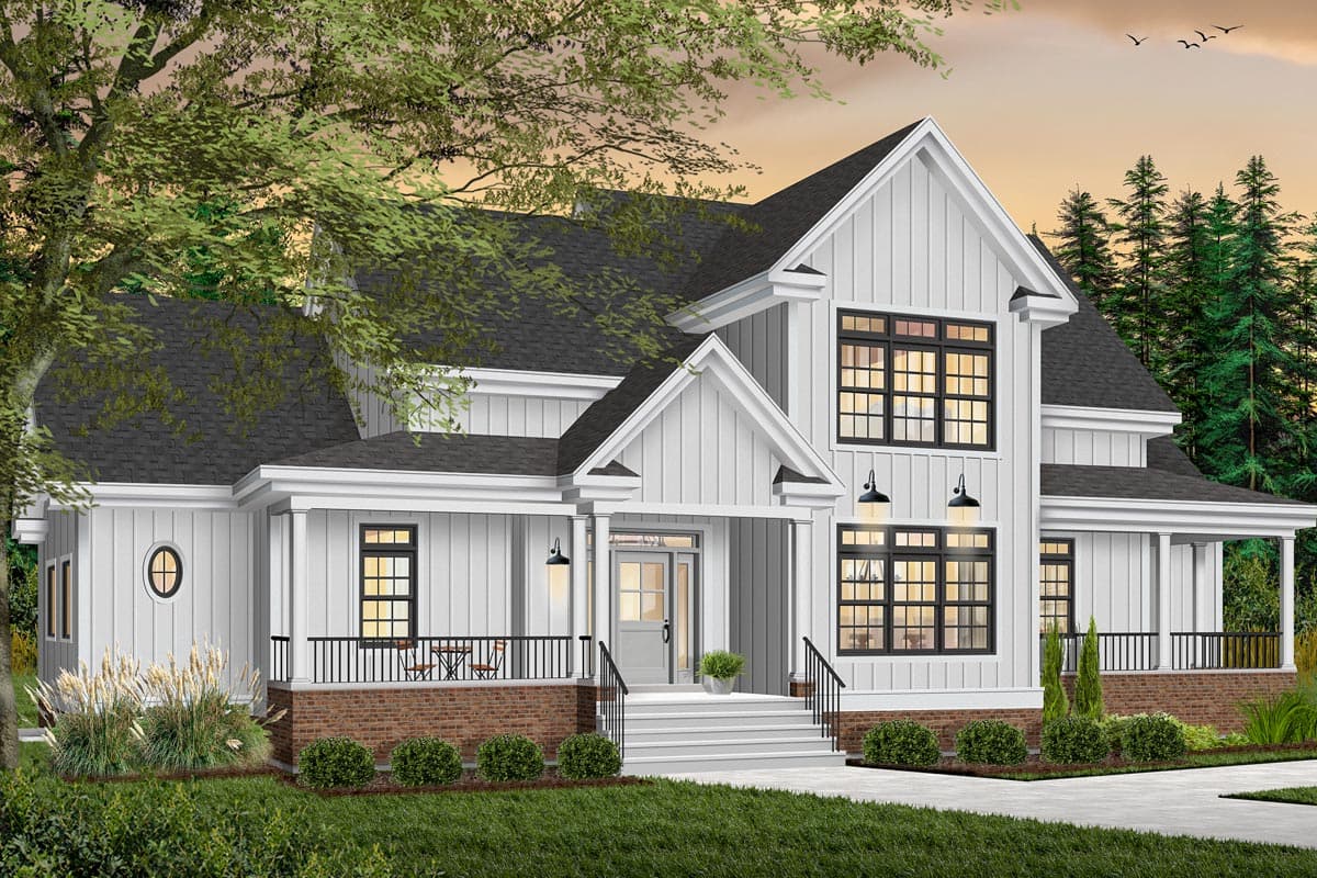 House plan exterior. Two-story Modern Farmhouse with gables, porch, and black-framed windows. Features include board and batten siding.