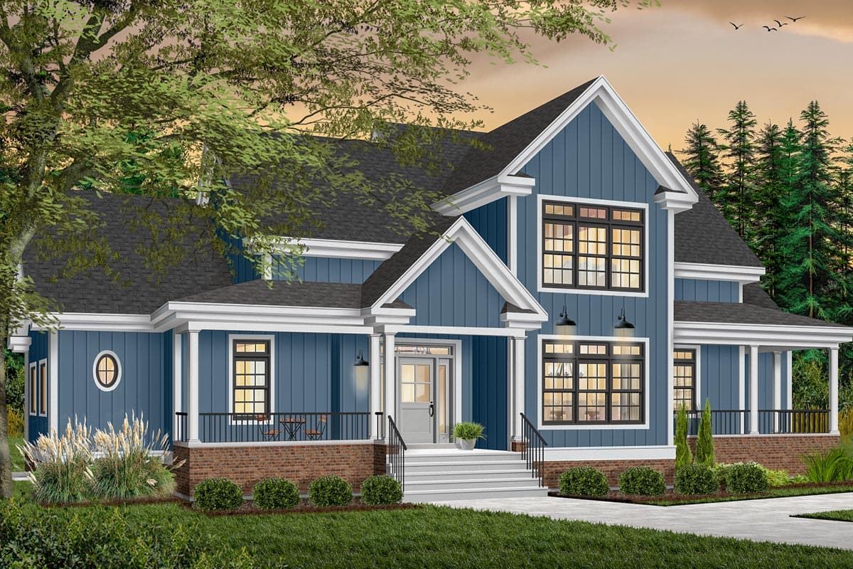 House plan exterior: Two-story Modern Farmhouse with wrap-around porch, prominent gables, and board-and-batten siding.