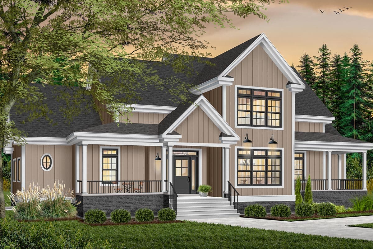 Modern Farmhouse house plan exterior with prominent gables, a wrap-around porch, and multi-pane windows.