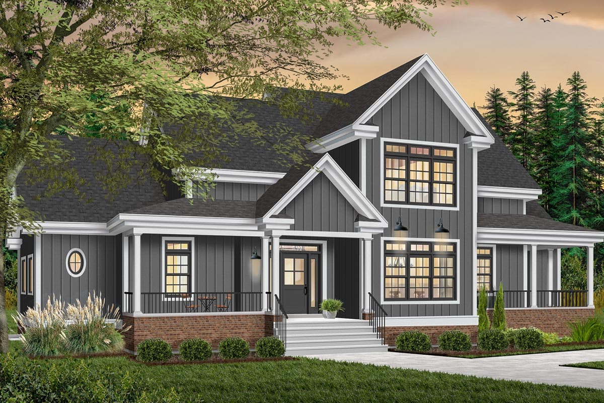 House plan exterior: Modern Farmhouse style, two stories, gabled dormers, covered front porch with brick base, and dark vertical siding.