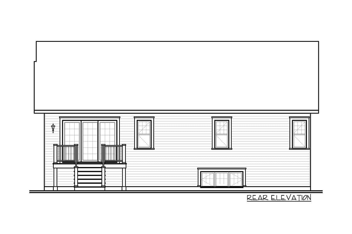 Rear elevation drawing of a house plan with a deck, sliding glass doors, and multiple windows.