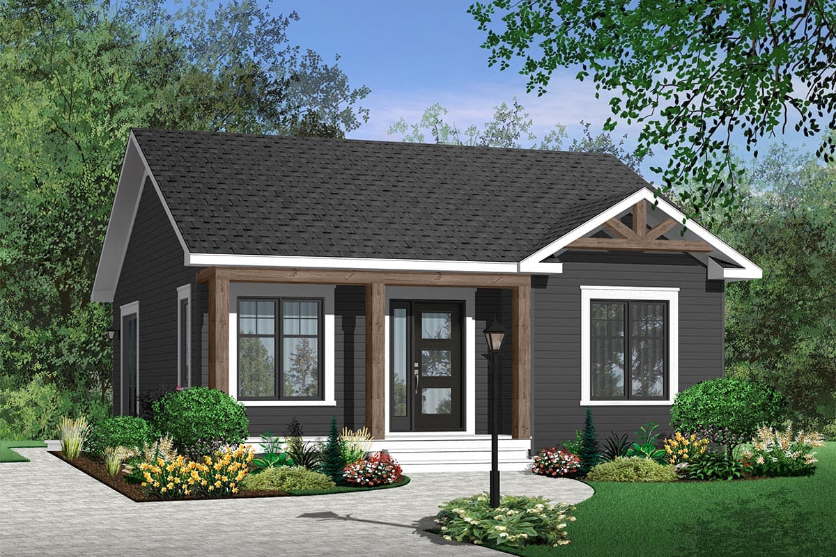 House plan exterior featuring a gabled roof, exposed rafter tails, covered porch with timber supports, and dark horizontal siding.