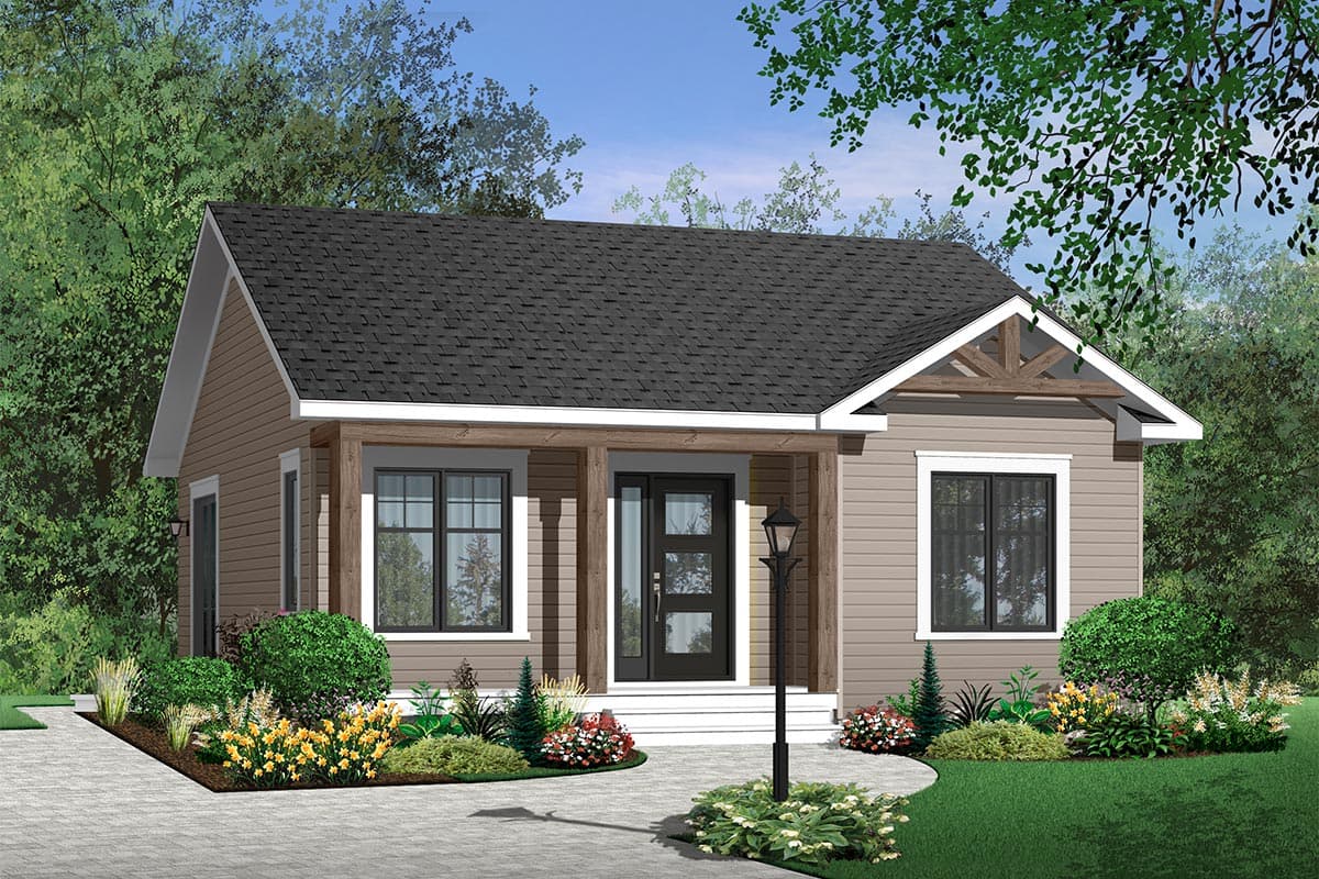House plan exterior: one-story Craftsman style home with covered front porch, gables, and prominent wooden beam accents.