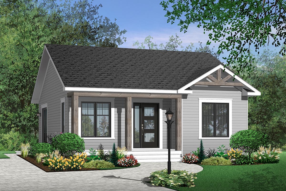House plan exterior featuring a Craftsman style. One-story home with a gabled roof, timber-framed porch supports, and a centered front door.