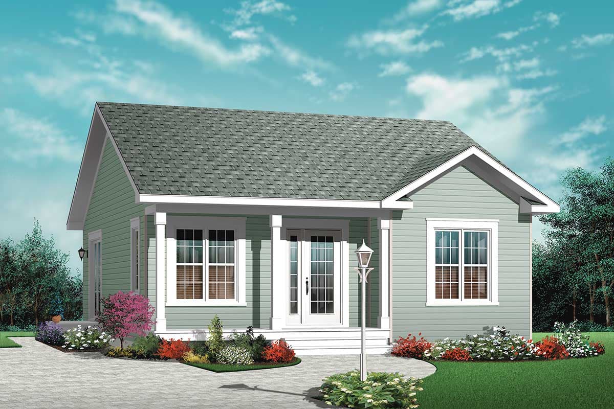 House plan exterior: One-story cottage style with front porch, double front doors, and gable dormers.
