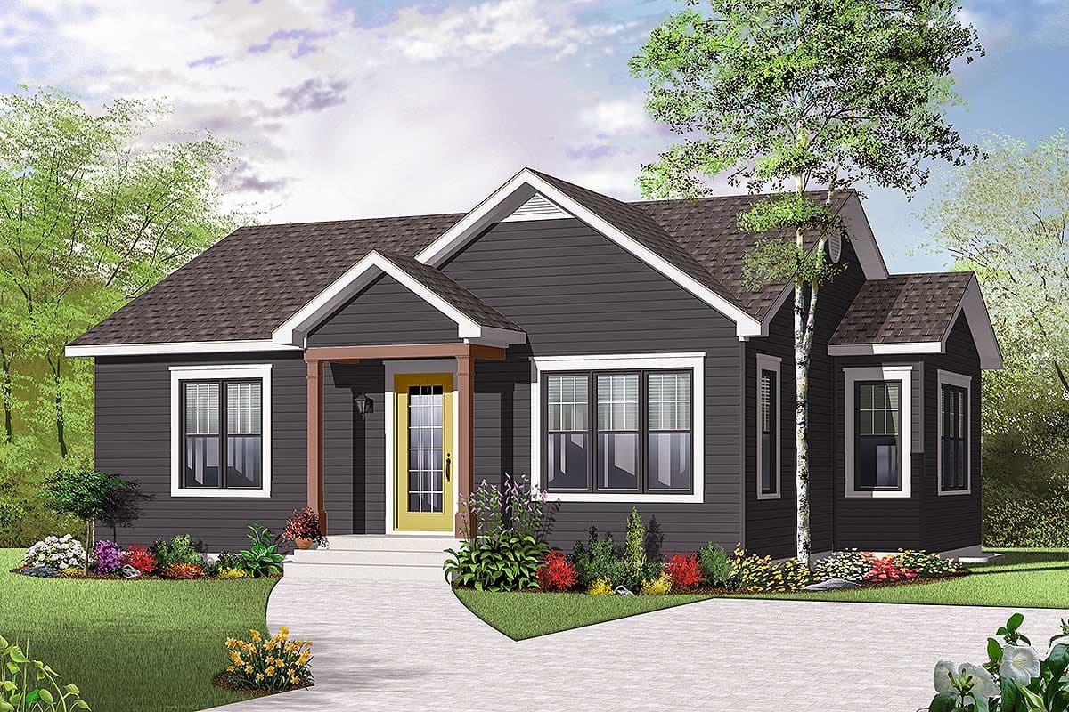 House plan exterior of a one-story home with a gabled roof, centered porch with wood supports, and vinyl siding.