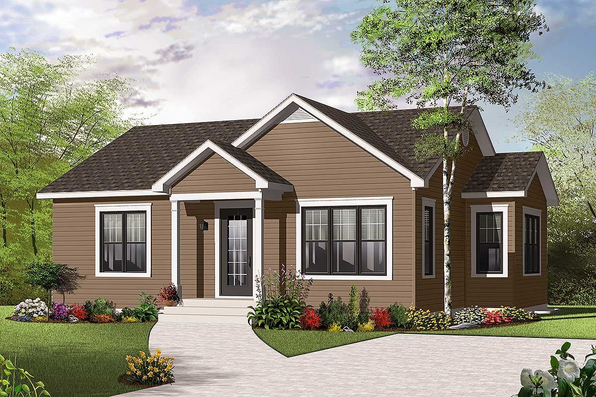 House plan exterior of a one-story Modern Farmhouse with a covered front porch, gabled rooflines, and horizontal siding.