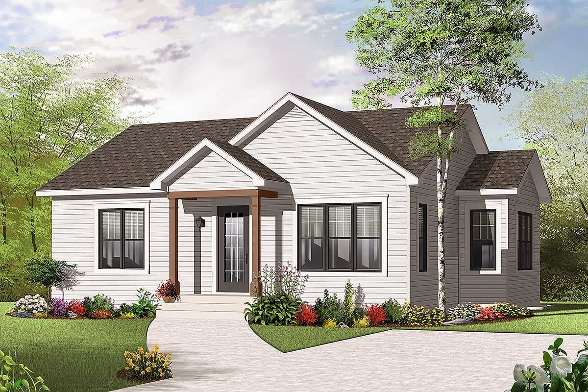 House plan exterior: one-story Ranch style with front gable, covered entry porch with wood beams, and bay window.