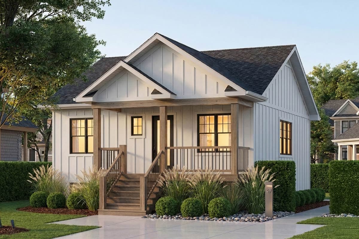 House plan exterior: Two-story Craftsman style with covered front porch, prominent gable, and decorative gable vent.