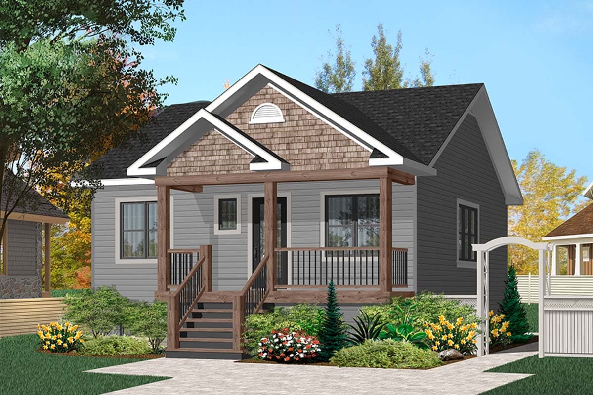 House plan exterior: One-story home with a covered front porch, gabled dormers, and wood shingle accents.