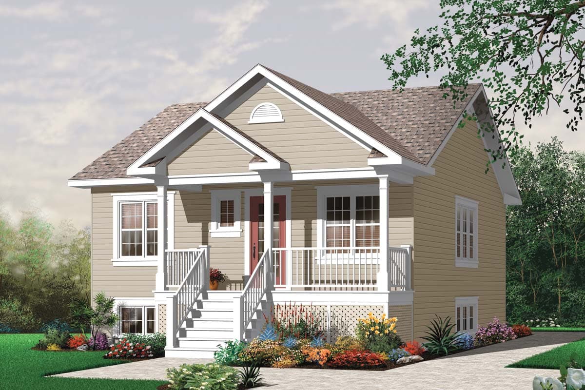 House plan exterior: Two-story Craftsman style with covered front porch, prominent gable, and decorative gable vent.