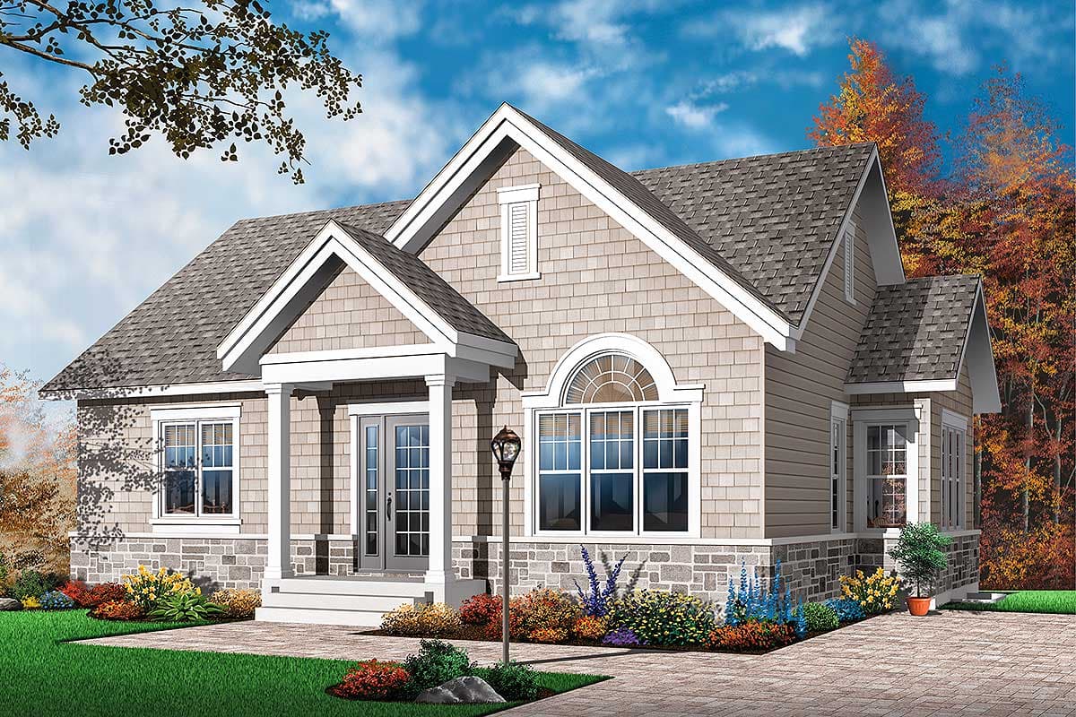 House plan exterior featuring a covered porch, stacked stone foundation, and arched window.
