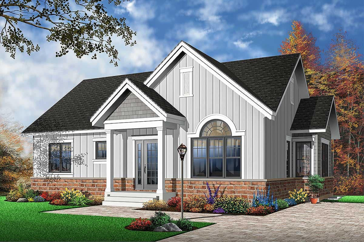 House plan exterior: Modern Farmhouse style with a covered porch, multiple gables, board and batten siding, and arched window.