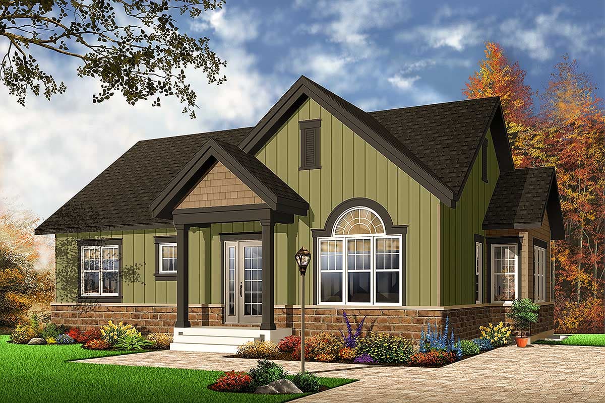 House plan exterior: Craftsman style, two stories, covered porch, dormer, and arched window.