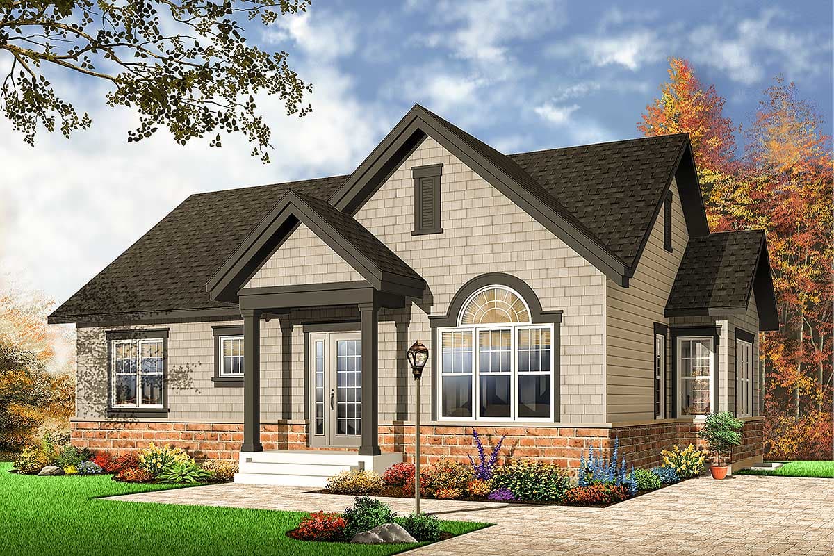 House plan exterior with gables, prominent entrance with columns, arched window, and brick foundation.