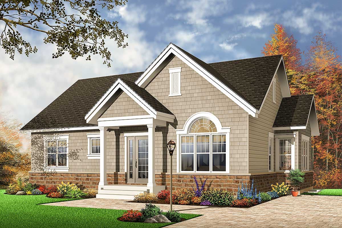 House plan exterior: Traditional style, one story, covered entry porch, gabled dormer, and arched window.
