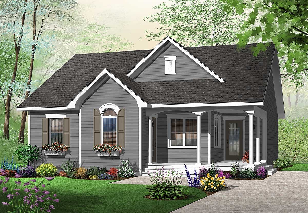Cottage style house plan exterior with a covered front porch supported by columns, gables, and arched window with shutters.