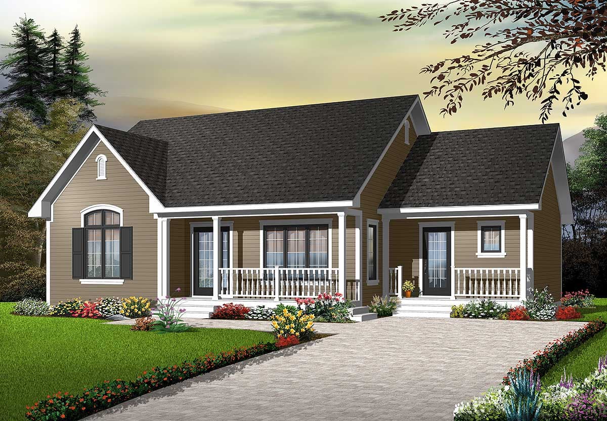 House plan exterior of a one-story Modern Farmhouse with a full-width porch, gabled dormer, and two entry doors.