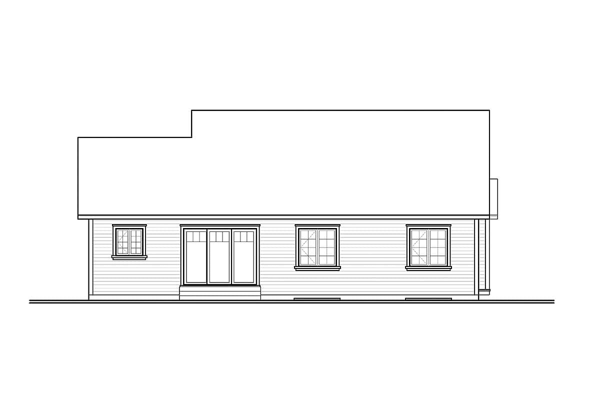 House plan rear elevation with horizontal siding, a large sliding glass door, and three windows.