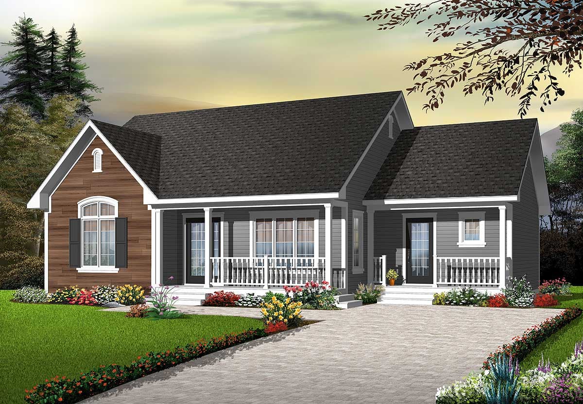 House plan exterior with a front-facing gable, covered porch with white railings, and a mix of siding and wood accents.