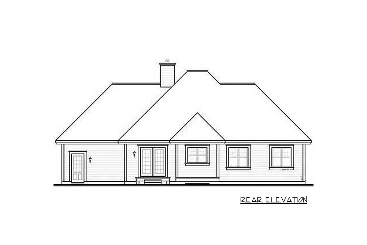 Rear elevation drawing of a single-story house with a prominent gabled roof, chimney, double doors, and three windows.