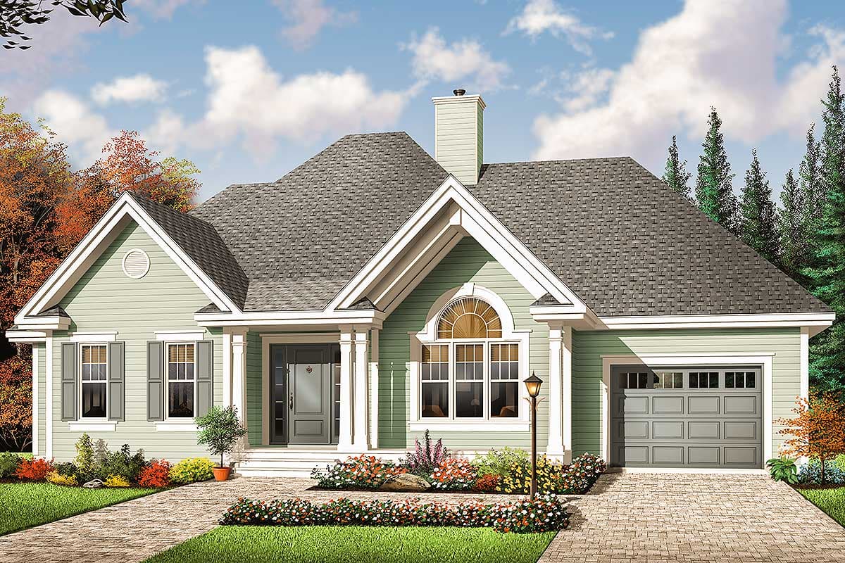 House plan exterior: One-story home with gabled dormers, arched window, covered entry with columns, and attached garage.