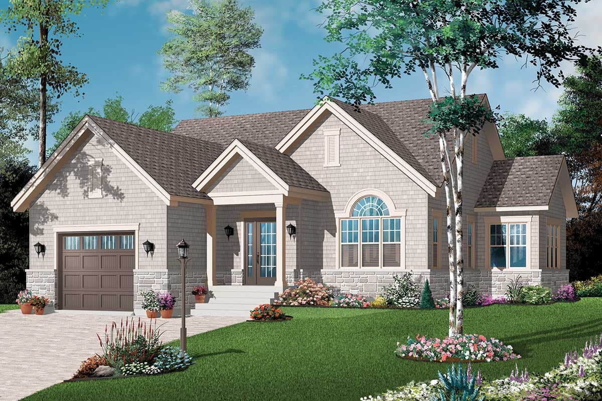 House plan exterior: One-story home with a gable roof, stone accents, covered entry porch, and a two-car garage.