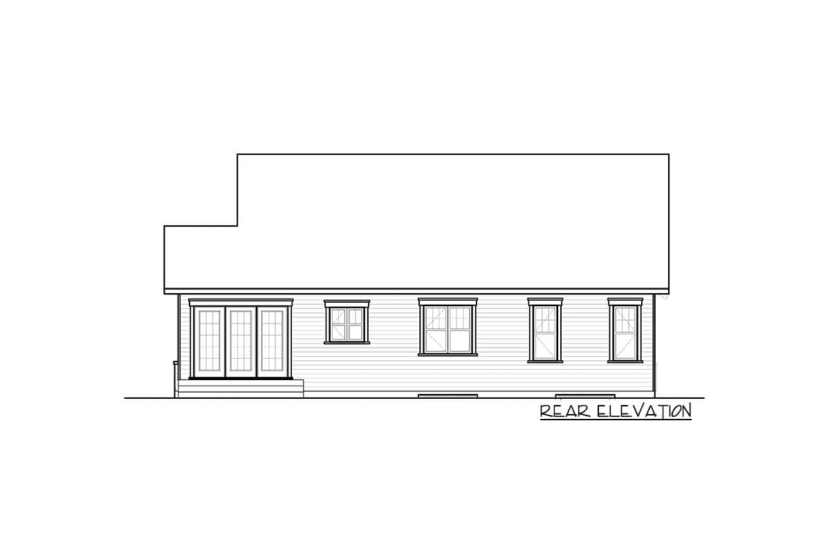 Rear elevation of a house plan showing French doors and four windows.
