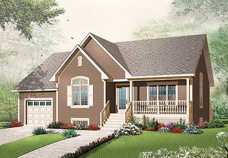 House plan exterior of a 1-story home with a covered front porch, attached garage, and prominent gables.