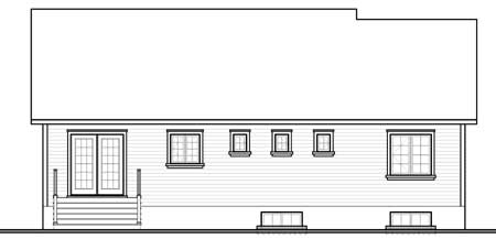 House plan rear elevation showing double doors, stairs, and six windows across the main level.
