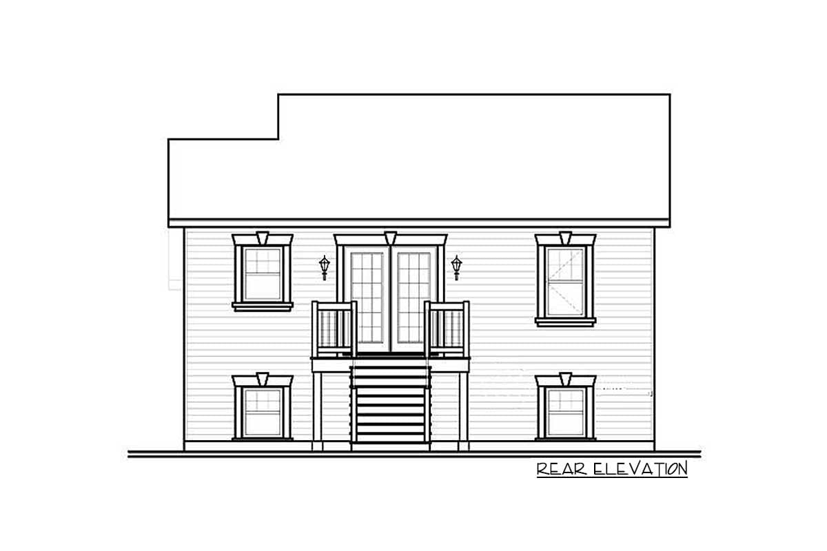 Rear elevation house plan drawing showing a two-story house with double doors, a deck, stairs, and four windows.