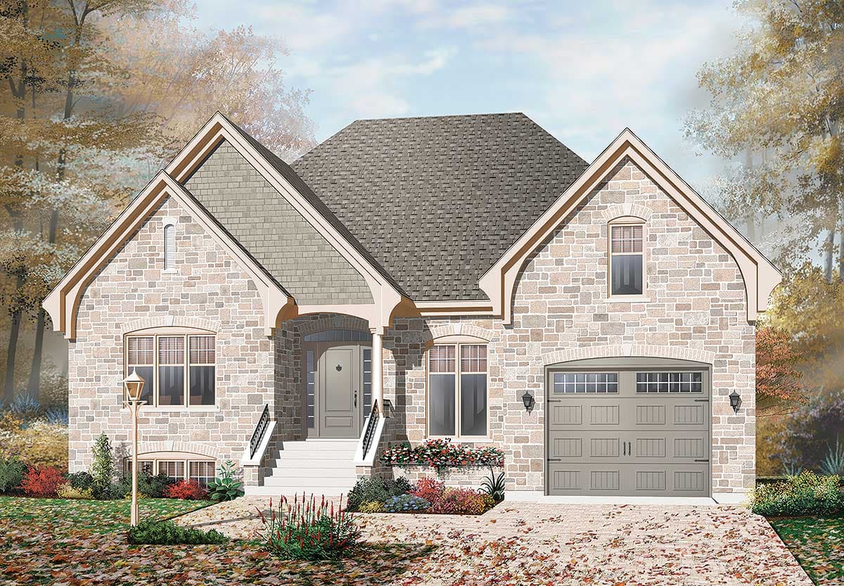House plan exterior: Stone facade, two-story, prominent gables, arched garage door, covered entry with columns.