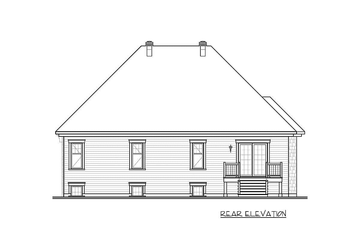 Rear elevation house plan drawing showing a two-story facade with multiple windows, a central deck with stairs, and a prominent hip roof with dormers.