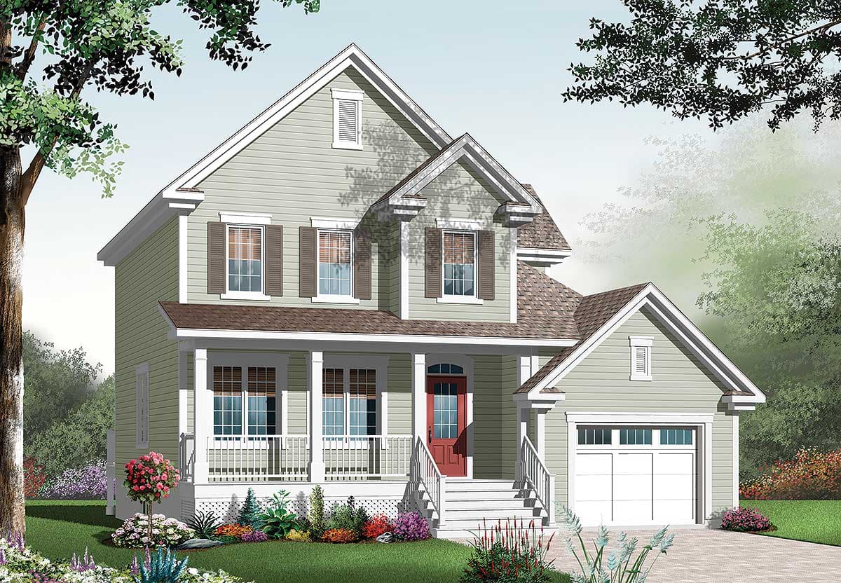 House plan exterior: Two-story home with wrap-around porch, gables, dormers, and attached garage.